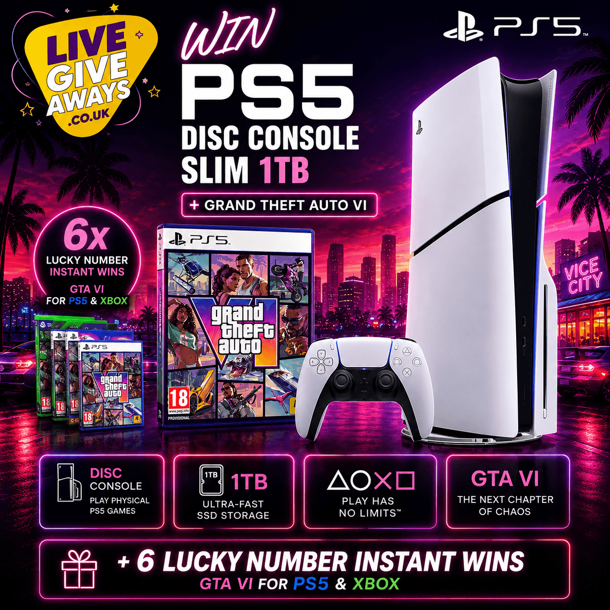 Grand Theft Auto VI PS5 Disc Console Bundle + 6 Lucky Numbers!