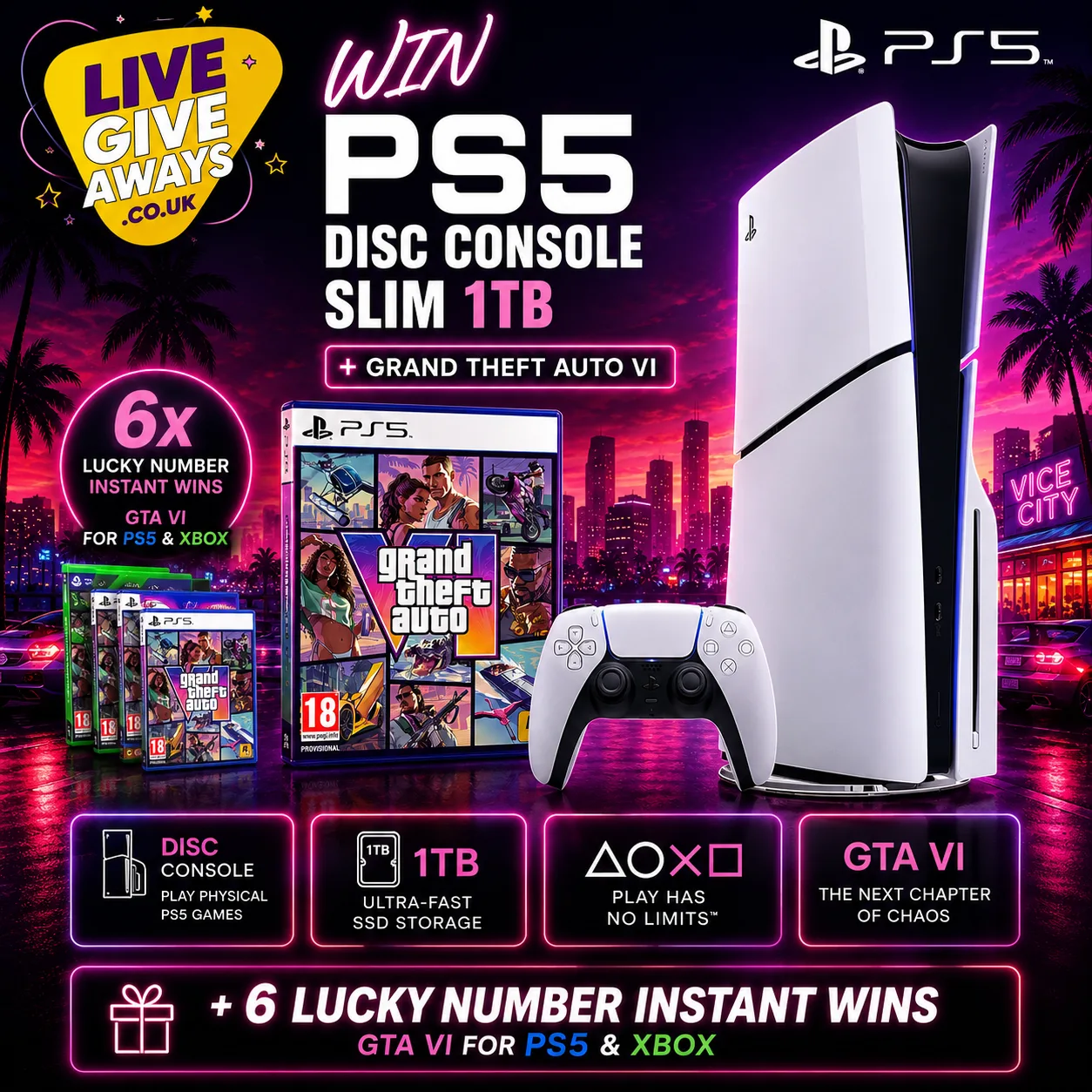 Grand Theft Auto VI PS5 Disc Console Bundle + 6 Lucky Numbers!