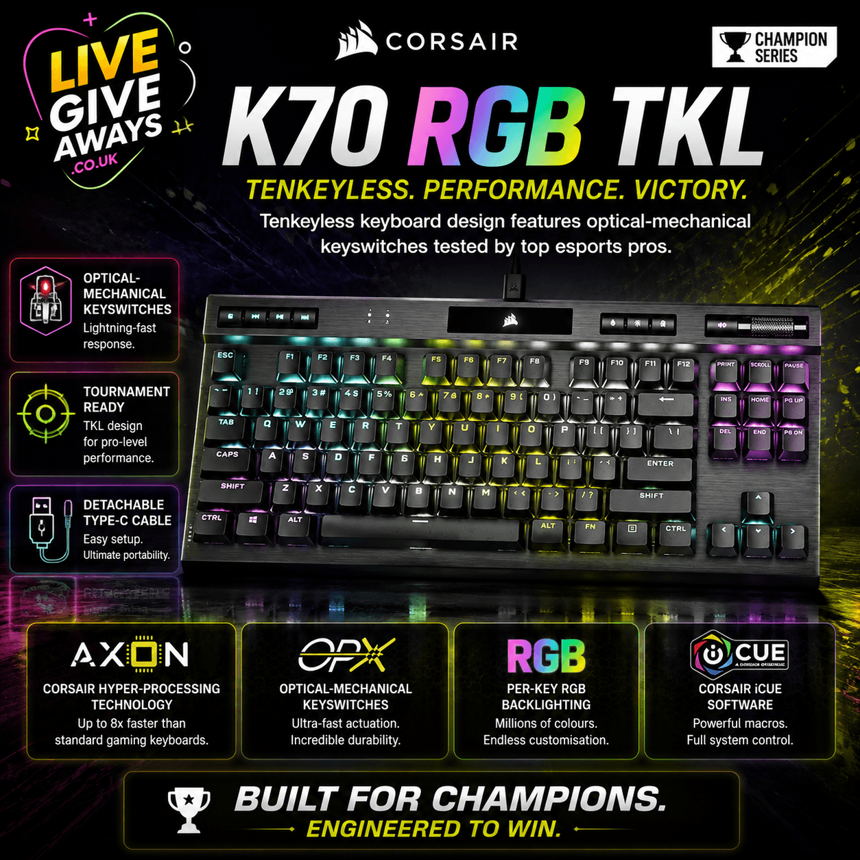 Corsair K70 RGB TKL CHAMPION SERIES Tenkeyless Optical-Mechanical Gaming Keyboard