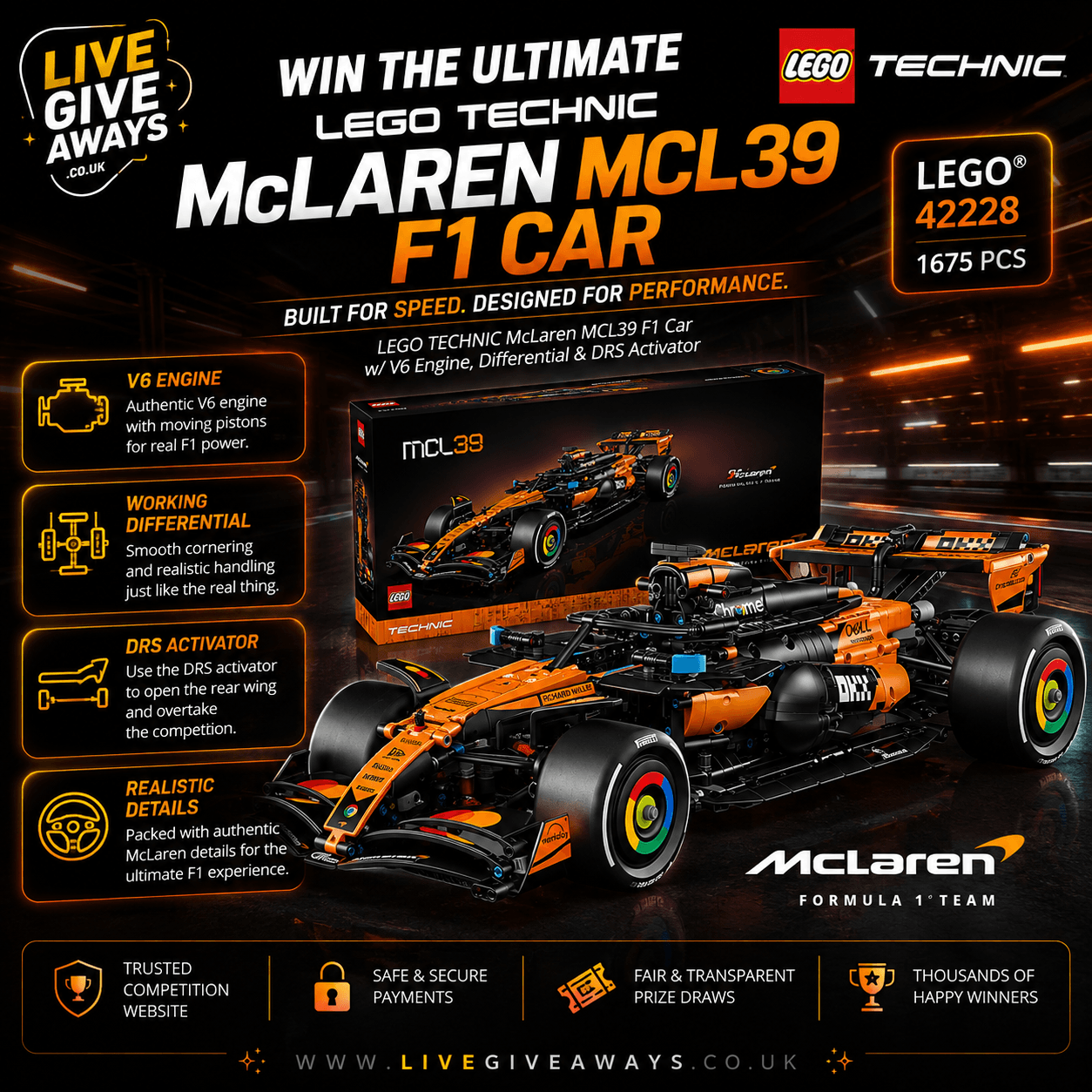 LEGO Technic McLaren MCL39 F1 Car w/ V6 Engine, Differential & DRS Activator+ 5 Lucky Numbers! ποΈ