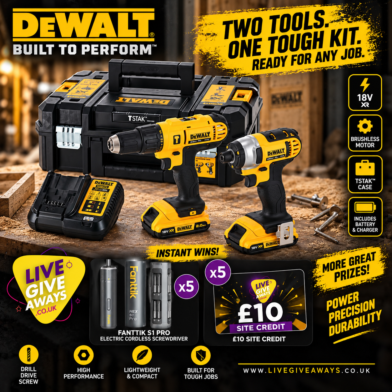DEWALT DCZ298D2T-SFGB 18V 2 x 2.0Ah Li-Ion XR Cordless Combi Drill & Impact Driver Twin Pack + 10 Lucky Numbers!